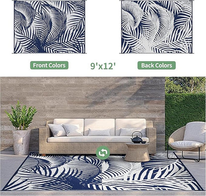 GENIMO Outdoor Rug 9' x 12' Waterproof for Patio Clearance, Reversible Plastic Straw Camping Carpet, Lightweight Mats for Rv, Backyard, Deck, Porch, Picnic, Beach, Balcony, Blue & White