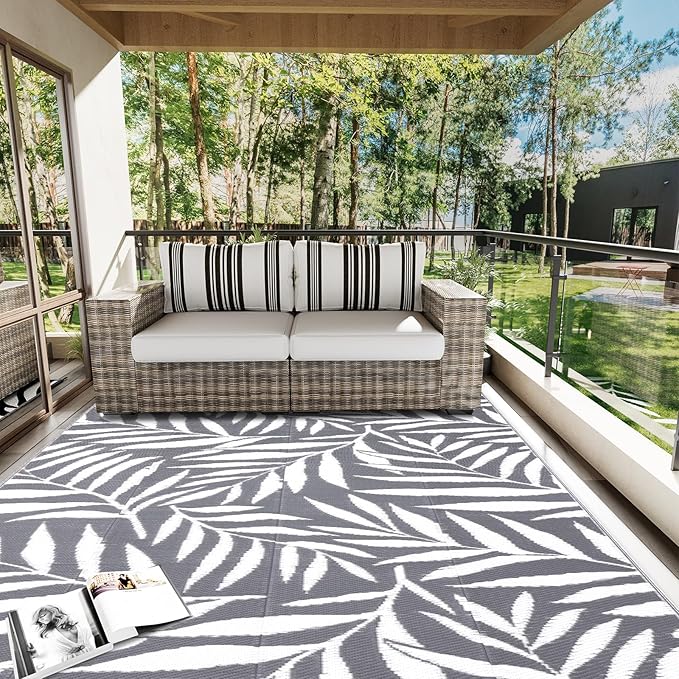 OLANLY Waterproof Outdoor Rug 6x9 ft, Reversible Outdoor Plastic Straw Rug with Leaf Pattern, RV Mat, Indoor Outdoor Carpet for Patio, Camping, Balcony, Deck, Backyard, Grey & White