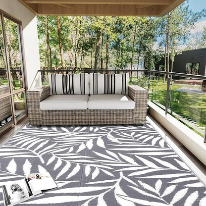 OLANLY Waterproof Outdoor Rug 6x9 ft, Reversible Outdoor Plastic Straw Rug with Leaf Pattern, RV Mat, Indoor Outdoor Carpet for Patio, Camping, Balcony, Deck, Backyard, Grey & White