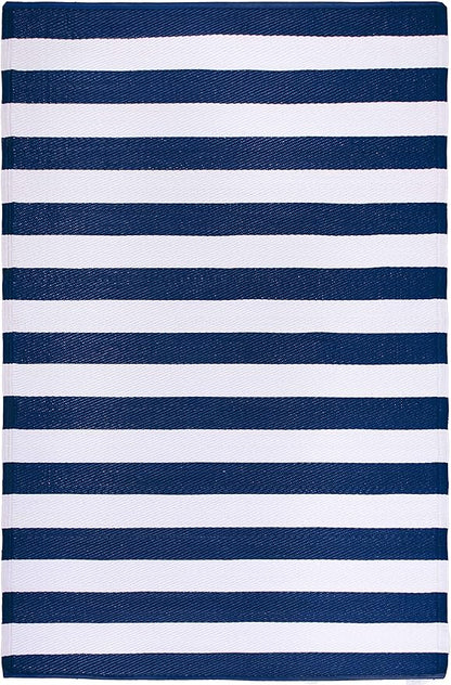 FH Home Outdoor Rug - Waterproof, Fade Resistant, Reversible - Premium Recycled Plastic - Striped - Patio, Deck, Porch, Balcony, Laundry Room - Brittany Stripe - Blue & White Crease Free - 4 x 6 ft