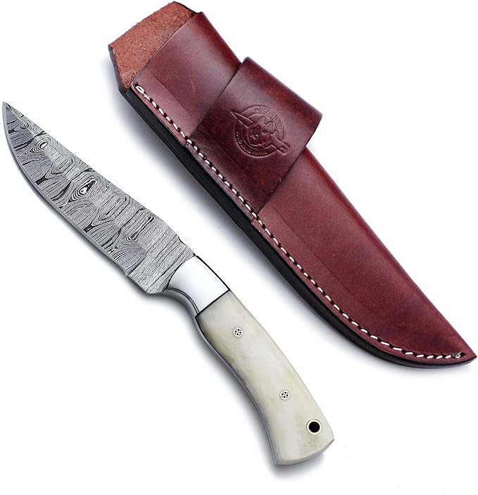 Handmade Damascus Steel Knife Bowie for Hunting,Survival,Camping,Bushcraft,and Fishing- Fixed Blade Dagger with Drop point Full Tang Micarta Handle, Leather Sheath - WKD-803