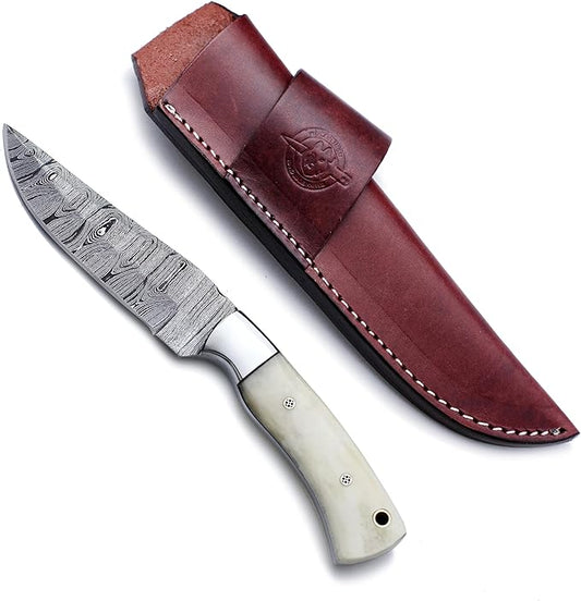Handmade Damascus Steel Knife Bowie for Hunting,Survival,Camping,Bushcraft,and Fishing- Fixed Blade Dagger with Drop point Full Tang Micarta Handle, Leather Sheath - WKD-803