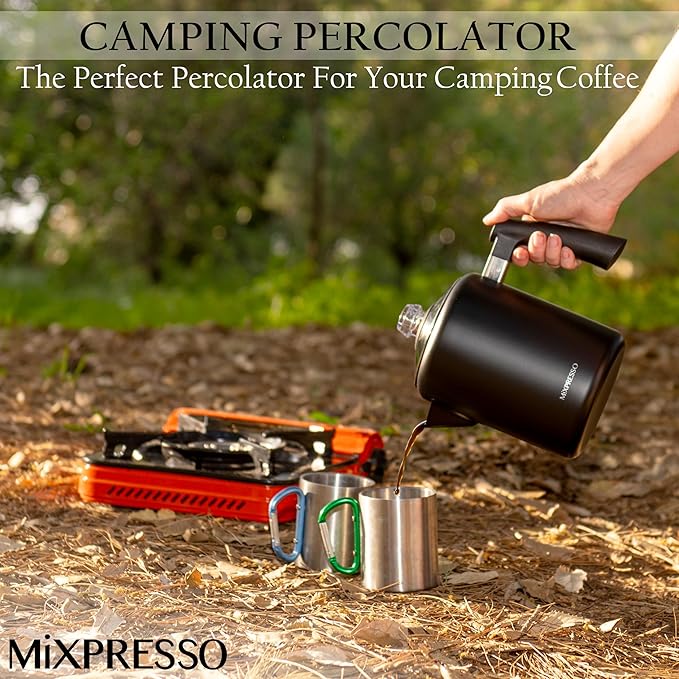 Mixpresso Black Stainless Steel Coffee Percolator Stovetop, 37oz Classic Percolator Coffee Pot, Excellent For Camping Pot, 5-8 Cup Stove Top Coffee Maker, Cool-Touch Handle