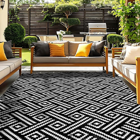 OPPODREAM Outdoor Rug 8x10 Patio Waterproof, Large Outdoor Plastic Straw Rug, Reversible Out Door Carpet for Camping, Deck, Rv, 8 x 10 Area Carpet for Balcony, Porch, Backyard, Black and White
