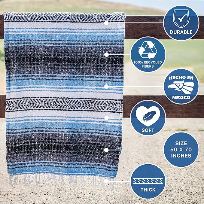 Benevolence LA Authentic Handwoven Mexican Blanket, Yoga Blanket - Perfect Outdoor Picnic Blanket, Beach Blanket, Camping Blanket, Equestrian Saddle Blanket, Serape Blanket 50x70 inches - 1 Blanket