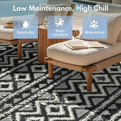 Waterproof Outdoor Rug 8x10 ft, Reversible Plastic Straw Rug, Easy to Clean Patio Rug, Portable Carpet for Patio, RV, Deck, Balcony, Backyard, Picnic, Beach, Geometric Diamond, Gray