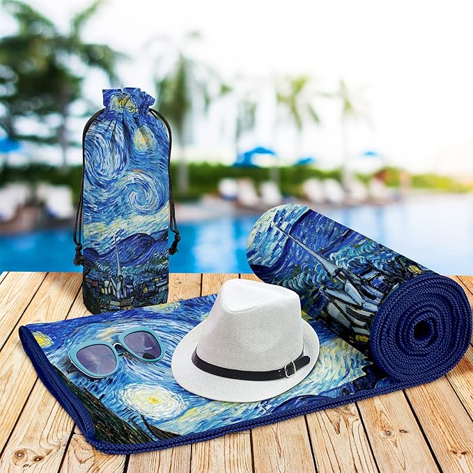 Large Oversized Microfiber Beach Towel - 40x63 Inches, Sand-Free, Quick-Drying, Ultra-Soft, Ideal for Travel, Pool, Yoga, and Camping - Includes Matching Drawstring Travel Pouch, van Gogh Starry Night