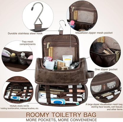 Elviros Toiletry Bag for Mens PU Leather Travel Organizer Kit with Hanging hook, Large Water-resistant Toiletries Bathroom Shaving Bags (Extra Large, Coffee)