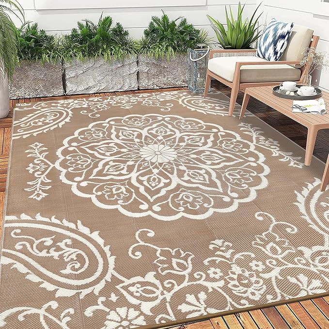 Pauwer Waterproof Outdoor Rug 8x10, Reversible Plastic Straw Patio Camping Rug, Indoor Outdoor RV Mat Carpet for Deck, Camper, Porch, Balcony, Backyard, Picnic, Boho Brown