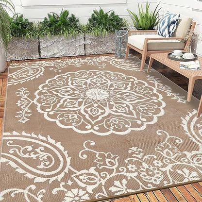 Pauwer Waterproof Outdoor Rug 8x10, Reversible Plastic Straw Patio Camping Rug, Indoor Outdoor RV Mat Carpet for Deck, Camper, Porch, Balcony, Backyard, Picnic, Boho Brown