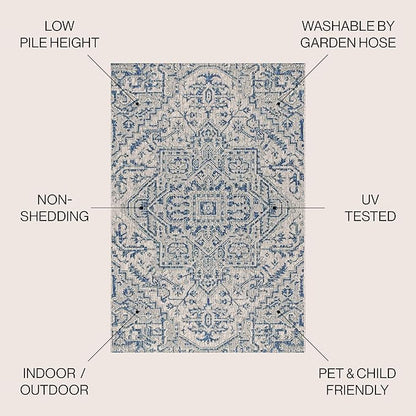 JONATHAN Y SMB105B-9SQ Estrella Bohemian Medallion Textured Weave Indoor/Outdoor Area Rug, Coastal, Traditional, Vintage for Bedroom, Kitchen, Living Room, Easy-Cleaning, Navy/Gray, 9' Square