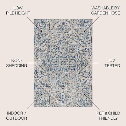 JONATHAN Y SMB105B-8R Estrella Bohemian Medallion Textured Weave Indoor/Outdoor Area Rug, Coastal, Traditional, Vintage for Bedroom, Kitchen, Living Room, Easy-Cleaning, Navy/Gray, 8' Round