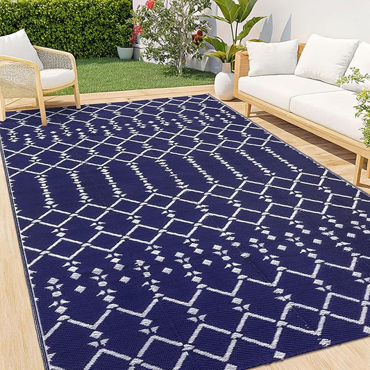 Smiry Outdoor Rug 6x9 ft, Waterproof Reversible Plastic Straw Rugs, Boho Outdoor Area Rug, Outside Floor Mat for Patio, Backyard, Deck, Picnic, Beach, Camping, Navy
