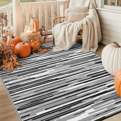 GENIMO Outdoor Rug for Patio Clearance, 5'x8' Waterproof Camping Mat, Reversible Plastic Straw Rugs for RV, Camper, Balcony, Backyard, Picnic, Deck (Black White)