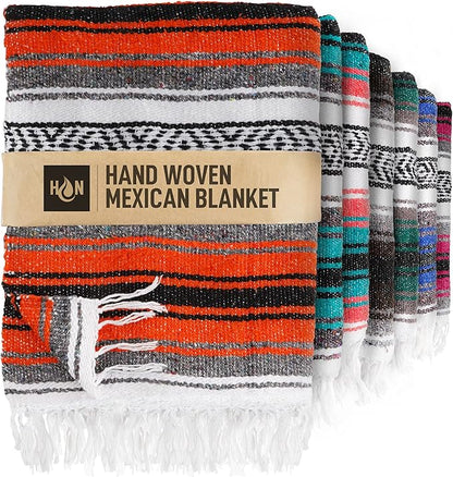 Authentic Extra Large Mexican Blanket (70"x50") - Handwoven Yoga Blanket, Serape Blanket - Artisanal Falsa Blanket, Beach Blanket, Camping Blanket, Picnic Blanket, Outdoor Blanket (Orange)