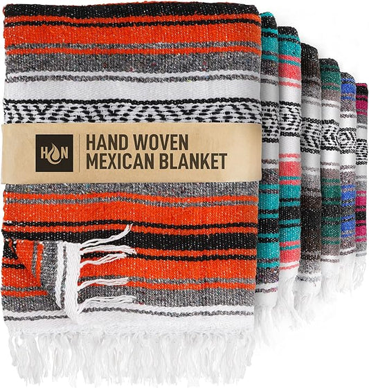 Authentic Extra Large Mexican Blanket (70"x50") - Handwoven Yoga Blanket, Serape Blanket - Artisanal Falsa Blanket, Beach Blanket, Camping Blanket, Picnic Blanket, Outdoor Blanket (Orange)