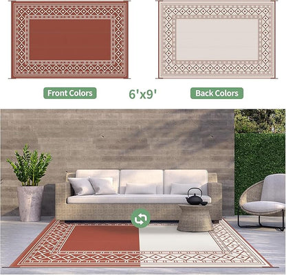 GENIMO Outdoor Rug Waterproof 6'x9' for Patio, Foldable Reversible Plastic Straw Carpet for Travel Trailers, Outside Area Mat for Rv, Deck, Picnic, Porch, Camper, Balcony, Beach, Brick Red