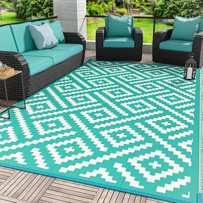 GENIMO Outdoor Rug for Patio Clearance, 6'x9' Waterproof Camping Mat, Reversible Plastic Straw Rugs for RV, Camper, Balcony, Backyard, Picnic, Deck (Lake Green & Beige White)