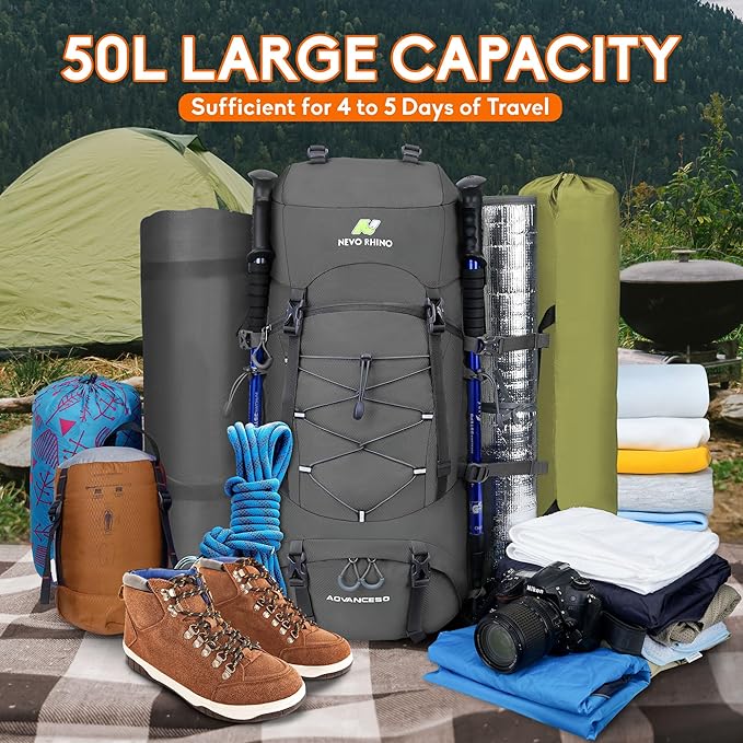 N NEVO RHINO Waterproof Hiking Backpack 50L/60L, Camping Backpack with Rain Cover, Hiking Travel Mountaineering Backpack