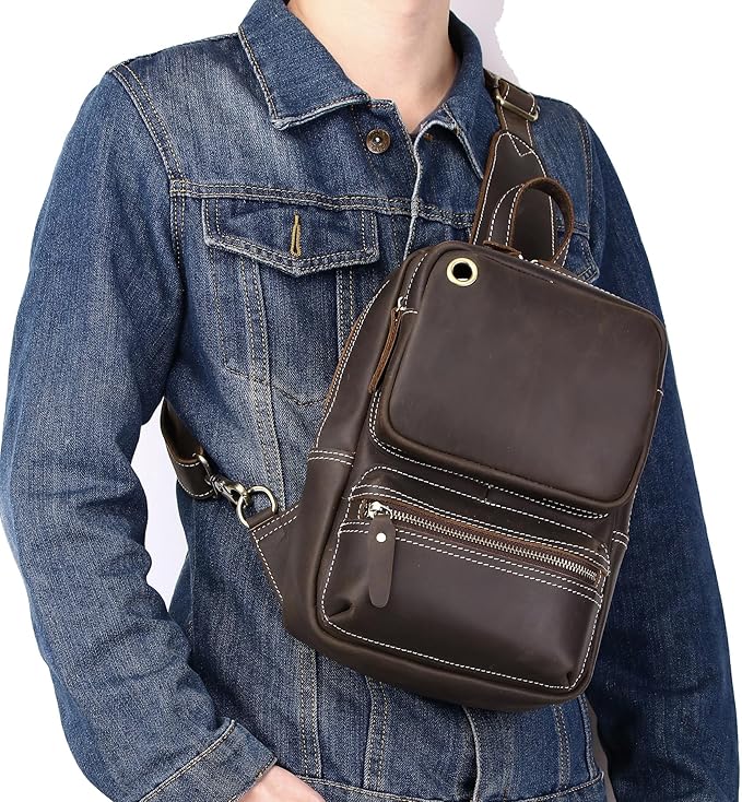 KPYWZER Crazy Horse Genuine Leather Sling Bag for Men Women Shoulder Backpack Satchel Crossbody Chest Casual Outdoor Daypack Deep Brown