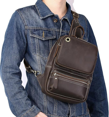 KPYWZER Crazy Horse Genuine Leather Sling Bag for Men Women Shoulder Backpack Satchel Crossbody Chest Casual Outdoor Daypack Deep Brown