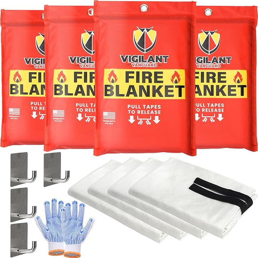 4 x Emergency Fire Blanket for Home and Kitchen (40"x40") with Hooks & Gloves - Reusable Fire Blankets Emergency for Home, Office, Car, Camping, Picnic, School and Warehouse