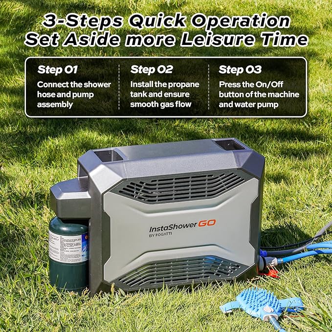 FOGATTI Portable Gas Water Heater, InstaShower GO, Propane, 19,000 BTU, with 5000mAh Rechargeable Built-in Battery, DC 12V, Outdoor Camping Shower with Tip-Over Protection, Safety Shutoff