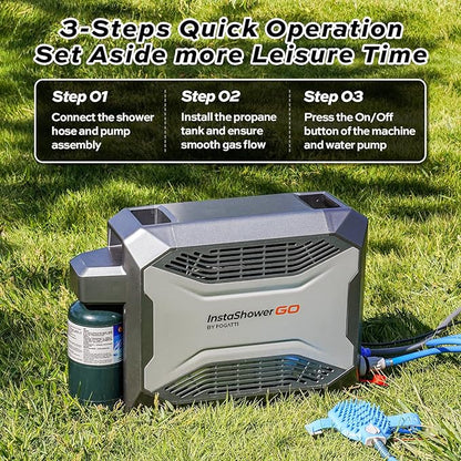 FOGATTI Portable Gas Water Heater, InstaShower GO, Propane, 19,000 BTU, with 5000mAh Rechargeable Built-in Battery, DC 12V, Outdoor Camping Shower with Tip-Over Protection, Safety Shutoff