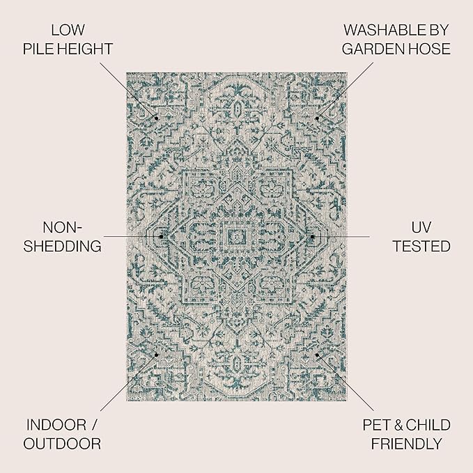 JONATHAN Y SMB105C-9R Estrella Bohemian Medallion Textured Weave Teal/Gray 9' Round Indoor/Outdoor Area Rug, Pet Friendly, Non-Shedding, Stain Resistant, Easy-Cleaning for Backyard, Patio, Porch