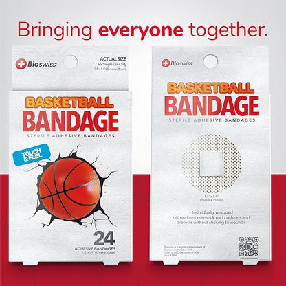 BioSwiss Bandages, Basketball Shaped Self Adhesive Bandage, Latex Free Sterile Wound Care, Fun First Aid Kit Supplies for Kids, 24 Count