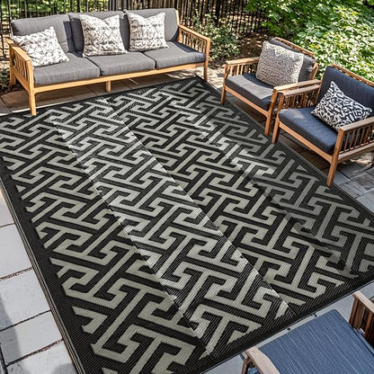 Waterproof Outdoor Rug 9x12 ft, Reversible Plastic Straw Rug, Easy to Clean Patio Rug, Portable Carpet for Patio, RV, Deck, Balcony, Backyard, Picnic, Beach, I-Shaped, Black