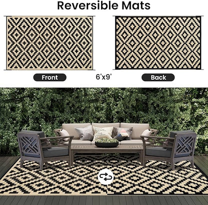 Smiry Waterproof Outdoor Rug 6x9 ft, Reversible Plastic Straw Patio Camping Rugs, Outdoor Indoor RV Mat Carpet for Patio, Outside Entry, Backyard, Deck, Bench, Picnic, Camper, Black & Beige