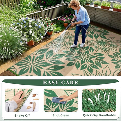 Waterproof Outdoor Rugs 5x8, Green Outdoor Plastic Straw Rug Double-Sided, Fade Resistant Patio Rug, Easy Cleaning RV Camping Mats Outside Carpet Portable for Balcony Porch Garden Deck Picnic