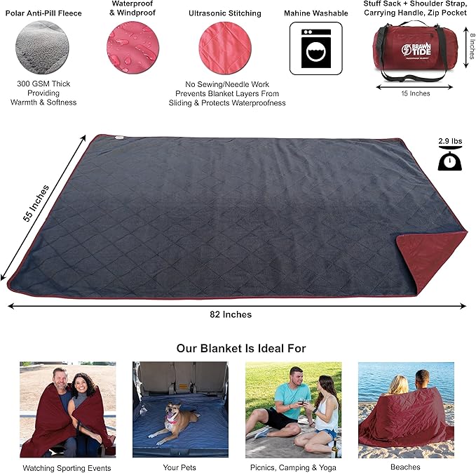 BRAWNTIDE Large Outdoor Waterproof Blanket - Quilted, Extra Thick Fleece, Warm, Windproof, Sandproof, Includes Stuff Sack, Shoulder Strap, Ideal for Beaches, Picnics, Camping, Stadiums, Dogs, Car
