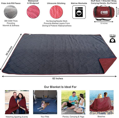 BRAWNTIDE Large Outdoor Waterproof Blanket - Quilted, Extra Thick Fleece, Warm, Windproof, Sandproof, Includes Stuff Sack, Shoulder Strap, Ideal for Beaches, Picnics, Camping, Stadiums, Dogs, Car