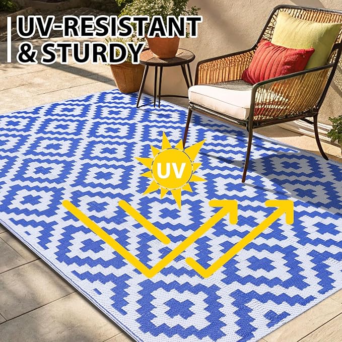 Smiry Waterproof Outdoor Rug 6x9 ft, Reversible Plastic Straw Patio Camping Rugs, Outdoor Indoor RV Mat Carpet for Patio, Outside Entry, Backyard, Deck, Bench, Picnic, Camper, White & Blue