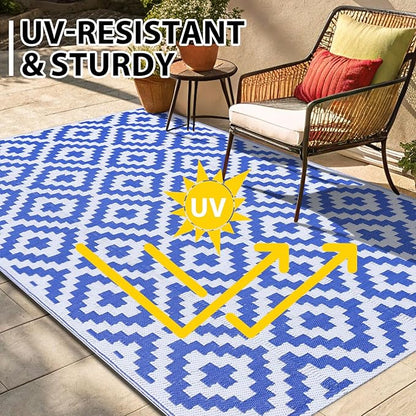 Smiry Waterproof Outdoor Rug 6x9 ft, Reversible Plastic Straw Patio Camping Rugs, Outdoor Indoor RV Mat Carpet for Patio, Outside Entry, Backyard, Deck, Bench, Picnic, Camper, White & Blue