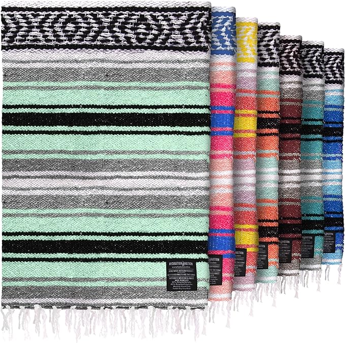 Authentic Extra Large Mexican Blanket (70"x50") - Handwoven Yoga Blanket, Serape Blanket - Artisanal Falsa Blanket, Beach Blanket, Camping Blanket, Picnic Blanket, Outdoor Blanket (Aqua Green)
