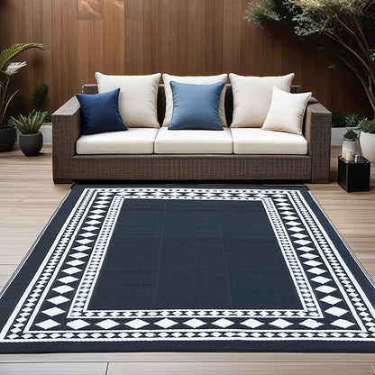 RURALITY Outdoor Rugs 5x8 Waterproof for Patios Clearance,Plastic Straw Mats for Backyard,Porch,Deck,Balcony,Black and White