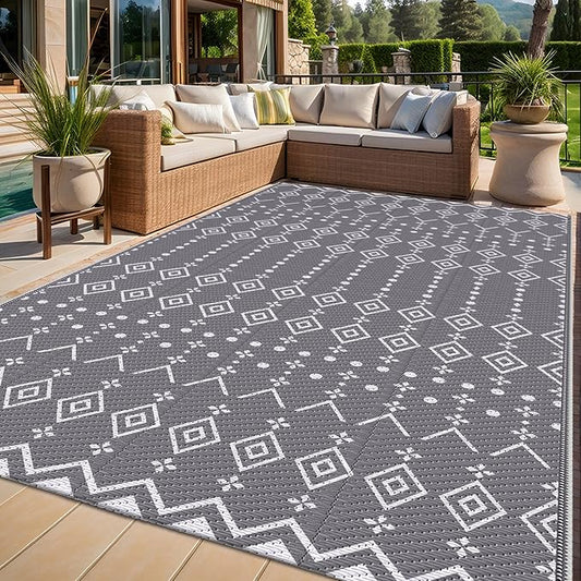 StepRite 4’ x 6’ Reversible Outdoor Rug, Waterproof Plastic Straw Rug, Patio Rug, Large Modern Area Rug Carpet, Indoor Outdoor Rugs for Camping, Porch, Deck, Balcony, Backyard, RV, Picnic(Grey)