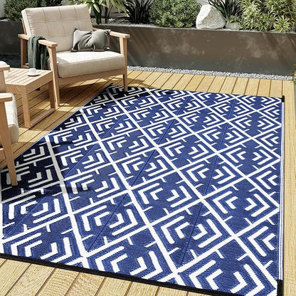 Outdoor Plastic Straw Rug, Waterproof Outdoor Rugs for Patios Clearance, Reversible Area Rug, Large Outside Carpet for Camping, Balcony, RV, Deck, Picnic, Beach (5x8ft Boho/Blue&White)