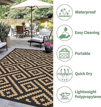 Outdoor Rug for Patio - Waterproof Plastic Straw Camping Rugs 9x12 ft, Reversible Outdoor Indoor RV Mat Carpet for Patio, Porch, Deck, Balcony, Picnic, Beach, Black Brown