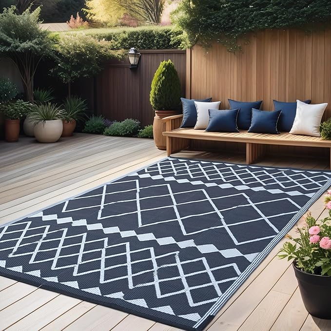 RURALITY Outdoor Rugs 9x12 for Patios Clearance,Large Waterproof Rug for Deck,Backyard,Balcony,Plastic Straw Mats for Camping,Reversible,Geometric