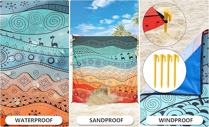 Beach Blanket Waterproof Sandproof Beach Mat 79" X 83" /10'x9' for 2-8 Adults Quick Drying Outdoor Picnic Mat Beach Accessories for Travel, Camping, Hiking