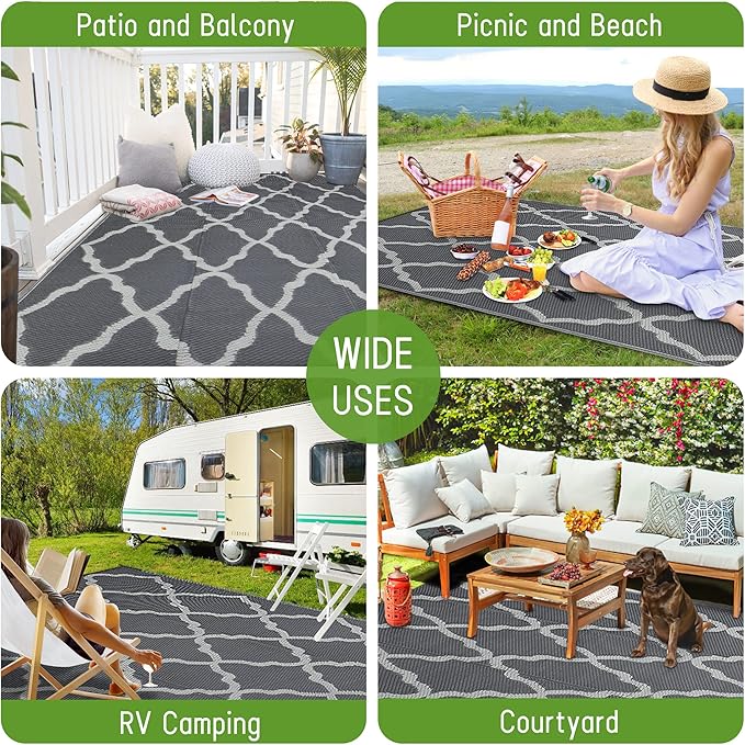 Easy-Going Reversible Outdoor Rugs 9x12ft Waterproof Plastic Straw Rug Stain & UV Resistant Floor Mat for Patio Porch RV Backyard Pool Deck Picnic Beach Trailer Camping (Moroccan Grey & Light Grey)