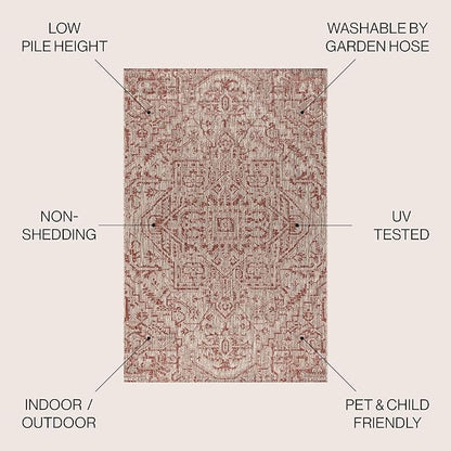 JONATHAN Y SMB105A-5R Estrella Bohemian Medallion Textured Weave Indoor Outdoor Area-Rug Coastal Bohemian Rustic Glam Easy-Cleaning Bedroom Kitchen Backyard Patio Non Shedding, 5' Round, Red/Taupe