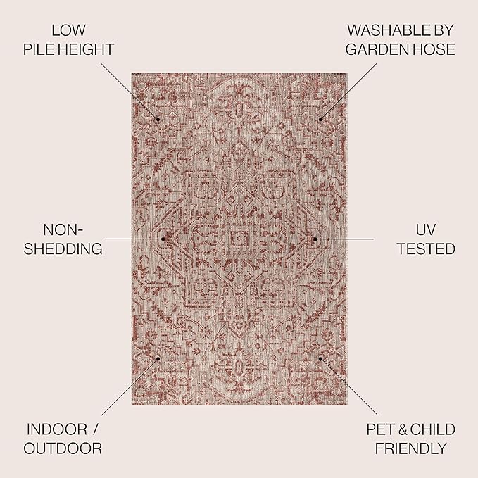JONATHAN Y SMB105A-6 Estrella Bohemian Medallion Textured Weave Red/Taupe 6 ft. x 9 ft. Indoor/Outdoor Area Rug, Pet Friendly, Non-Shedding, Stain Resistant, Easy-Cleaning for Backyard, Patio, Porch
