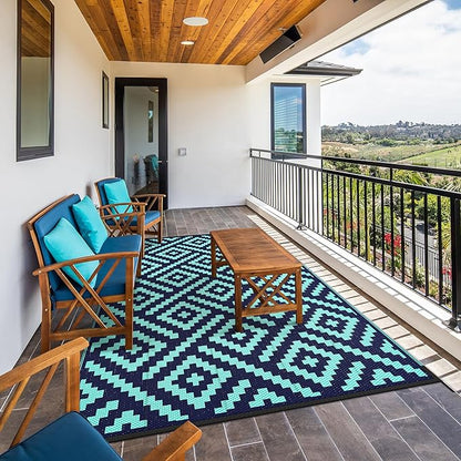 GENIMO Outdoor Rug for Patio Clearance, 6'x9' Waterproof Camping Mat, Reversible Plastic Straw Rugs for RV, Camper, Balcony, Backyard, Picnic, Deck (Navy Blue & Jade Green)