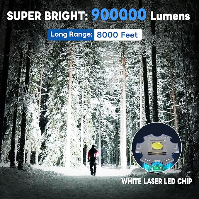 Flashlights High Lumens 900000 LED Rechargeable Tactical Flashlight Zoomable 3 Modes Fast Charging IPX6 Waterproof Super Bright Handheld Flashlights for Camping Hiking Outdoor and Gift
