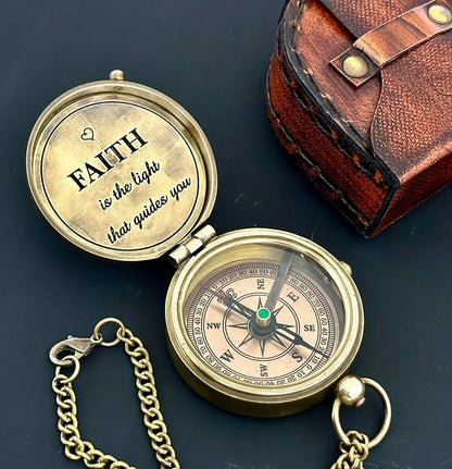 Faith Compass – Inspirational Gift for Men & Boys | Christian Baptism, Communion, Confirmation, or Graduation Present | “Faith is The Light That Guides You” Engraved | Leather Box